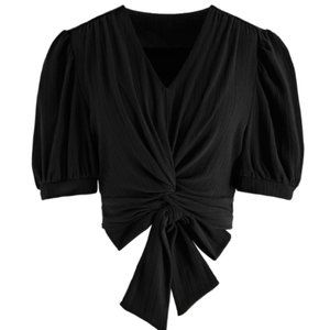 TWISTED V-NECK TIE-BOW CROP TOP